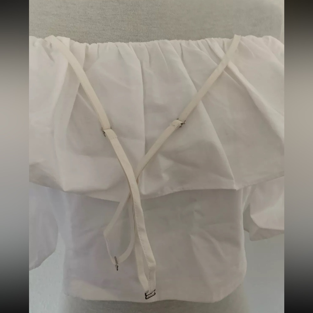 ZARA Womens Junior Girls Size L White Cropped Top Blouse Short Ruffle Sleeve - Picture 10 of 16